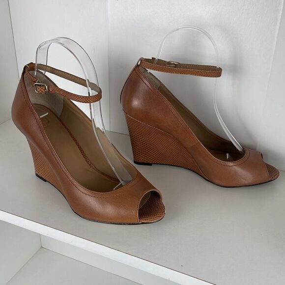 Ann Taylor Leather Mary Jane Open Toe Wedges 7 Cognac - Picture 2 of 11
